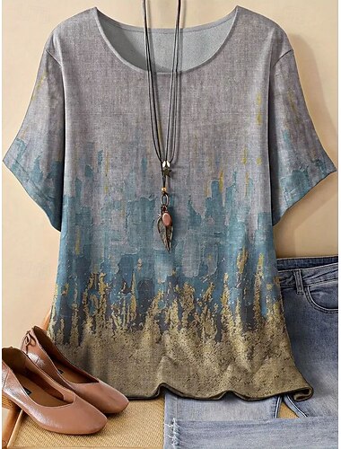  Damen T Shirt Sommeroberteile Kunstbaumwollleinen Patchwork Druck Grafik Geometrisch Vintage Mode Lässig Kurzarm Rundhals Normale Oberteile Täglich Wochenende Hellgrau Sommer Frühling