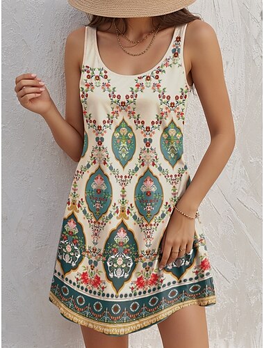  Damen Minikleid A Linie Kleid Tank-Top Kleid Vintage Stilvoll Brautkleider schlicht Täglich Regular Fit Blumen Graphic Geometrisch Ärmellos U-Ausschnitt Aprikose Sommer Frühling