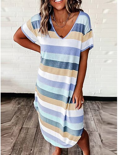  Damen Midikleid Sweatkleid Etuikleid Sportliches Kleid Stilvoll Brautkleider schlicht Urlaub Täglich Regular Fit Streifen Kurzarm V Ausschnitt Wein Blau Purpur Orange Sommer