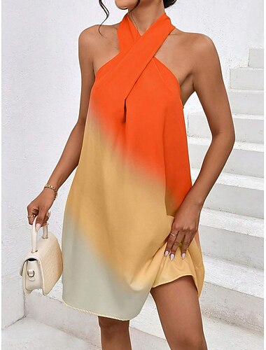  Dames Mini Jurk Petite Jurk T-Shirt Jurk Tee Jurk Zomerjurk A-Lijn Jurk Elegante Vintage Stijlvolle Vakantie Verjaardag Casual Regular Fit Ombre Mouwloos V-Hals Oranje Zomer