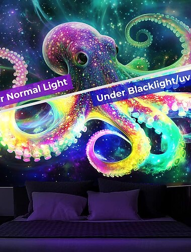  Schwarzlicht-Teppich Leuchttapete im Dunkeln Glühparty UV reaktiv Trippy Nebeliger Tier-Oktopus hängende Wandkunst Wandmalerei für Wohnzimmer Schlafzimmer