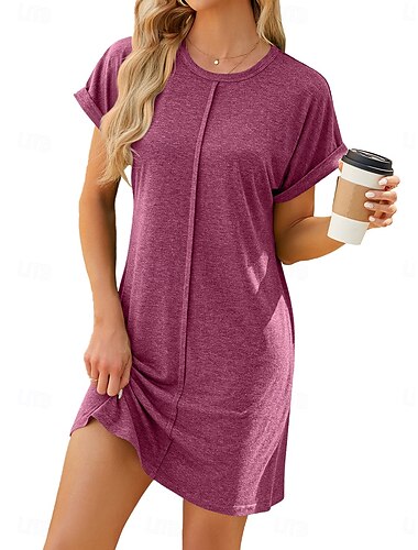  Damen Mini Kleid T-Shirt Kleid Tee Kleid Shift Kleid Sportkleid Freizeit Urlaub täglich reguläre Passform Unifarben ärmellos Rundhalsausschnitt Schwarz Wein Dunkelgrün Dunkelblau Sommer