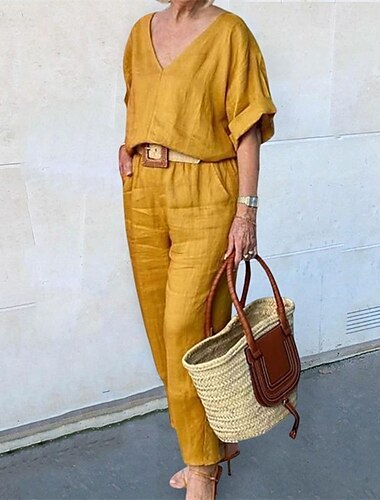  Femmes Mode Streetwear Chemise Ensembles en coton et lin Ensembles deux pièces Pantalons en Lin Pantalons manche longue Col en V Couleur Unie Cordon de serrage Tenue quotidienne Date Jaune Bleu Gris