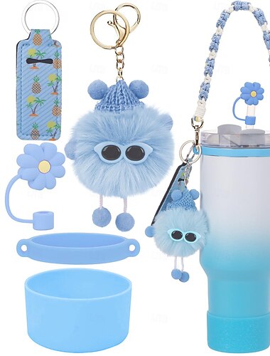  Stanley Cup alça tecida à mão tampa de palha de flor batom conjunto bola de carvão pixie glitter silicone copo conjunto