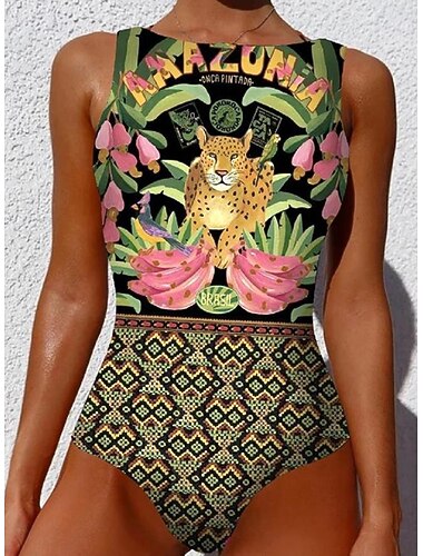  Maillots de bain femmes maillot de bain monokini 1 pièce dos nu contrôle du ventre taille haute slim vacances plage graphique animal col rond sans manches