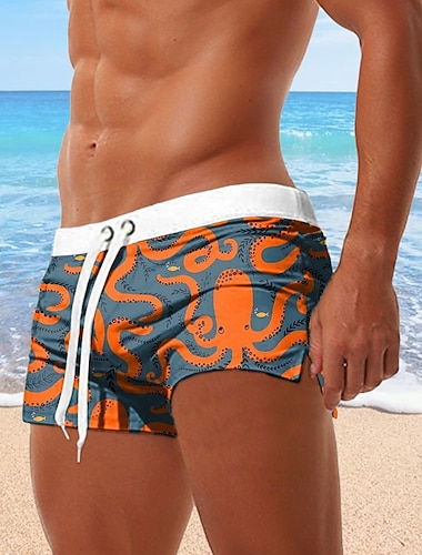  Herr Flamingo Bläckfisk Badshorts Boardshorts Medium Midja 3D-tryck Hawaiisk Surfing Helgdag Strand Snörning med meshfoder Elastisk midja Designer Kläder