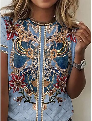  Women's T Shirt Graphic Vintage Elegant Vintage Fashion Short Sleeve Round Neck Regular Tops Daily Going out Weekend Print Dusty Blue Summer