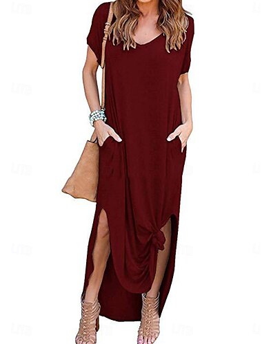  Ženské maxi šaty T-shirt dress tee dress shift dress atletické šaty základní jednobarevné casual dovolená denní pravidelný fit hladké bez rukávů V krk víno námořnická modrá tmavě modrá šedá léto