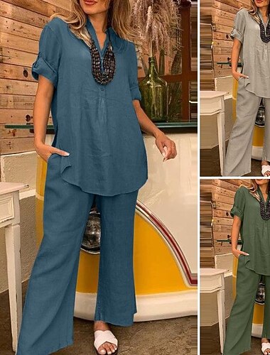  Dam Mode Streetwear Skjorta Linneinspirerade set Tvådelade set Linne Byxor Byxor Kortärmad V-hals Ensfärgat Dagliga kläder Datum Grön Kaki Ljusblå Vår Normal