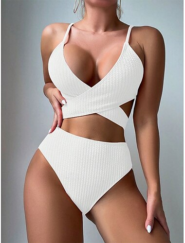  Damen Badeanzug Bikinis 2 Stück Unterhosen Bademode Rückenfrei Schlank Hoch tailliert Urlaub Strandbekleidung Feste Farbe V Ausschnitt Ärmellos Badeanzüge