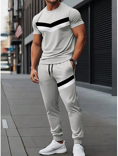  Per uomo Completi T-shirt Completi camicia e pantaloni Outfit 2 pezzi Manica Corta Girocollo Estate Blocco di colori A righe Moda Casual 2 Pezzi Vacanza Abbigliamento quotidiano Uscire Nero Grigio