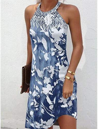  Per donna Mini abito Abito casual Abito estivo Festività Informale Giornaliero Standard Floreale Pop art Senza maniche Halter Neck Rosa Blu Verde Estate