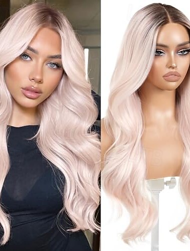  draag en ga lijmloze pruik met pony voorgeplukt body wave synthetische kant voorpruiken voor vrouwen