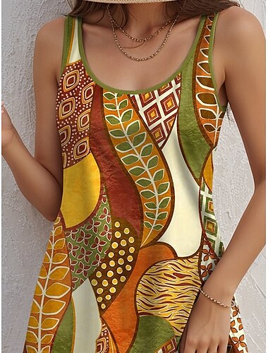  Damen Minikleid A Linie Kleid Tank-Top Kleid Vintage Stilvoll Brautkleider schlicht Täglich Lockere Passform Graphic Blatt Farbblock Ärmellos U-Ausschnitt Grün Sommer Frühling