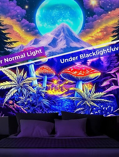  Schwarzlicht Wandteppich Leuchten im Dunkeln Glow Party UV reaktive trippy neblige Pilze Berg Natur Landschaft hängendes Wandteppich Wandkunst Wandmalerei für Wohnzimmer Schlafzimmer