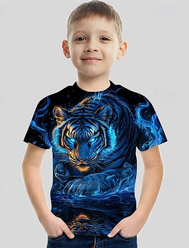  Pojkar 3D Grafisk Djur Tiger T-shirt Kortärmad Sommar Vår Mode Grundläggande Barn 4-12 år Rund hals Utomhus Ledigt Dagligen Normal