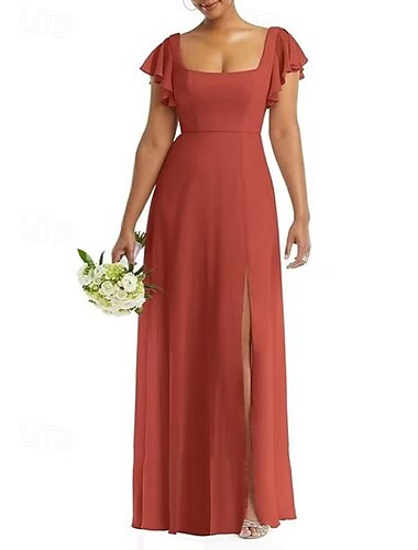  A-Line Bridesmaid Dress Scoop Neck Short Sleeve Elegant Floor Length Chiffon / Spandex with Ruffles / Draping / Split Front