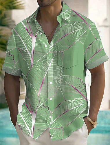  Ouku Herren Palmblatt Tropische Pflanzen Sommer Hawaiihemd Button Up Hemd Kurzarm Hawaii Resort Urlaub Strandkleidung Sommer Frühling Umlegekragen Hemden vorne eine Tasche rosa blau