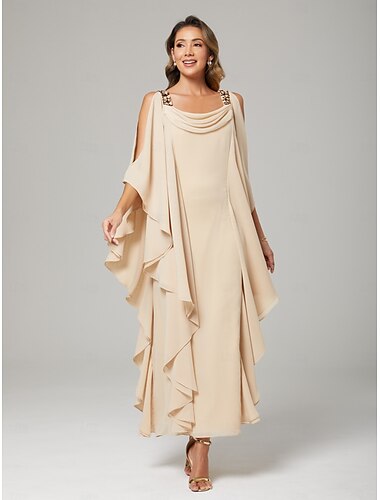  kåpa  kolonn brudens mor klänning bröllopsgäst elegant plus size rund hals golvlång chiffon halvärm med pärlor kaskadvolanger 2025