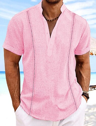  Voor heren Overhemd linnen overhemd Normaal shirt Overhemd met knopen Katoenen shirt Effen Vakantie Straat Zwart Wit Blozend Roze Khaki Korte mouw Band Kraag Zomer Kleding Lapwerk