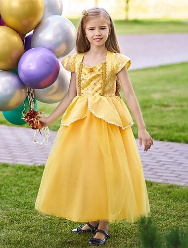  kinderkleidung Mädchen Kleid Feste Farbe Kurzarm Leistung Casual Gitter Patchwork bezaubernd Kostüm Polyester Midi Casual kleid A Linie Kleid Tüll-Kleid Sommer Frühling 4 Jahre + Gelb