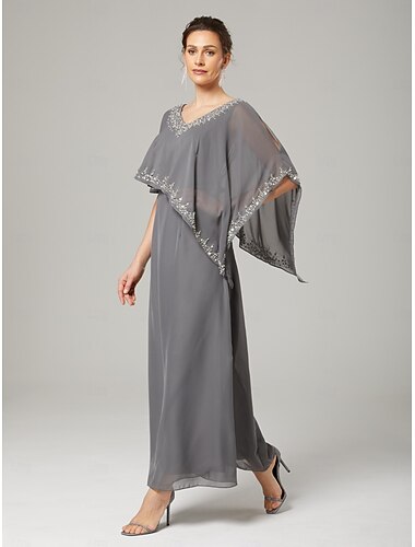  Sheath / Column Mother of the Bride Dress Elegant V Neck Floor Length Chiffon Half Sleeve with Beading