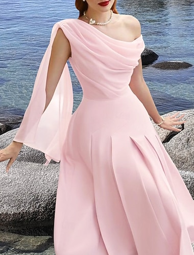  Ranta häät A-linjan cocktailmekot elegantti mekko häävieras teepituus ilman hihoja cowl-kaula joustava sifonki rypyillä mekoilla