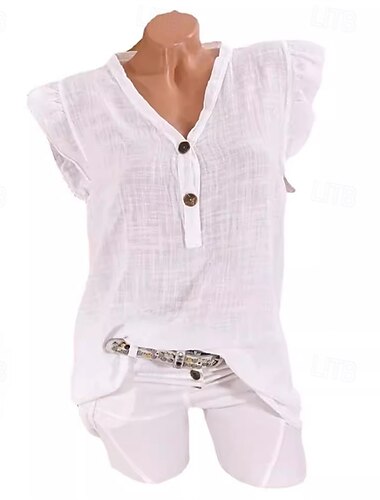  Mujer Camisa Camisa de lino Camisas de algodón y lino Plano Diario Elegante Básico Sin Mangas Mangas anchas Escote en Pico Tops regulares Trabajo Diario Festivos Botones Blanco Rosa Azul Piscina
