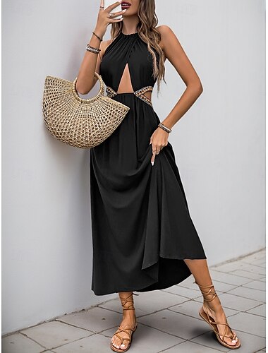  Femmes Robe maxi Robe noire Robe de remise des diplômes Robe Décontractée Robe trapèze Vacances Occasionnel Vacances Quotidien Fête Coupe régulière Uni Sans manches Col en V Noir Été