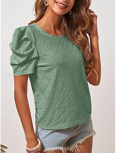  Damen Hemd Bluse Feste Farbe Stilvoll Brautkleider schlicht Kurzarm Rundhalsausschnitt Normale Oberteile Täglich Öse Rosa Grün Sommer Frühling