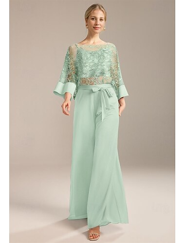  Jumpsuit  Hosenanzug Mutter der Braut Elegante Plus Size Funkeln  Glanz Scoop Halsausschnitt Bodenkabellang Chiffon Pailletten Ärmellos mit Spitzenpailletten 2025