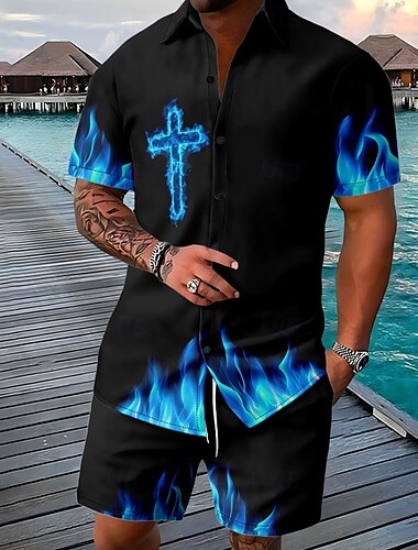  Ostern Herren Kreuz 2St Hemden-Sets Hemd Set Kurzarm Kurze Hosen Umlegekragen Vintage Lässig Täglich Festival-Outfit 3D-Druck Sommer Rubinrot Gelb