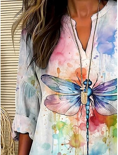  Damen Bluse Schmetterling Farbverläufe Hawaiianisch Basic Lässig Langarm V Ausschnitt Normale Oberteile Täglich Ferien Knöpfe Druck Regenbogen Sommer Frühling