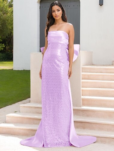  rosa Abendkleid mit Pailletten und Perlen, elegantes Kleid für formelle Hochzeiten, bodenlang, ärmellos, schulterfrei, Satin mit Schleife(n), Falten 2025