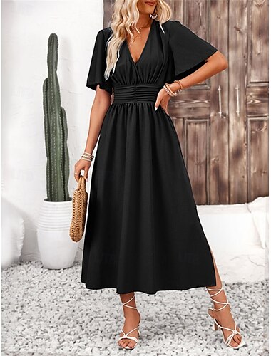  Femmes Robe Longue Maxi Robe Robe de remise des diplômes Robe Décontractée Robe de patinage Robe d'été Élégant Mode Moderne Quotidien Date Week-end Coupe régulière Uni Manche Courte Col en V Noir