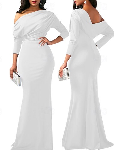  Femmes Robe Longue Maxi Robe Robe de Bal Robe de Soirée Élégant Mode Soirée Sortir Coupe régulière Uni manche longue Une Épaule Noir Blanche Vin Été