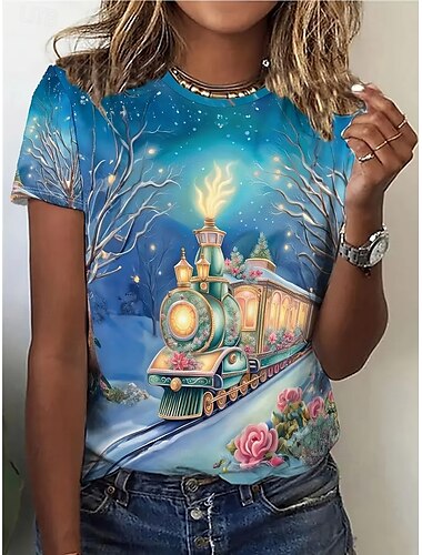  Damen T Shirt Sommeroberteile Grafik Schneeflocke Klassisch Lässig Kurzarm Rundhalsausschnitt Crop Tops Täglich Wochenende Druck Regenbogen Sommer Frühling Herbst