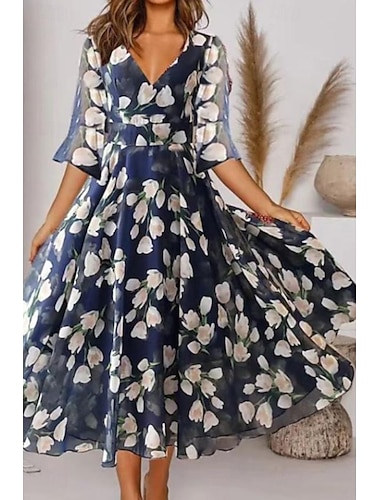  Femme Robe mi-longue Robe Évasée Robe imprimée Mode Extérieur Sortie Fin de semaine Standard Fleur Demi Manches Col V Bleu Eté