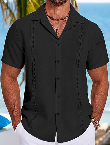  Herren Hemd leinenhemd Guayabera Hemd Sommerhemd Strandhemd Einfach Urlaub Straße Schwarz Weiß Marineblau Grau Kurzarm Umschlagkragen Frühling & Sommer Bekleidung Spleißen