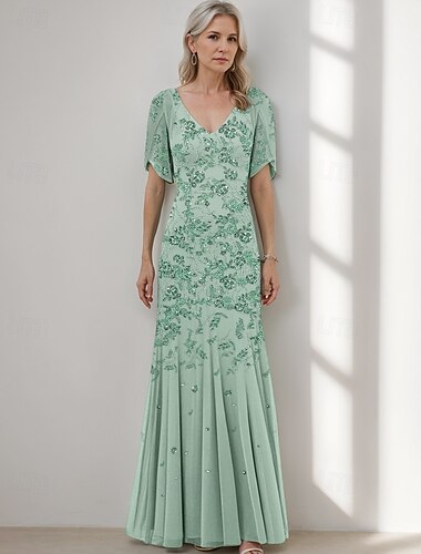  Abito per madre della sposa a-line elegante vintage semplice scollo a V lungo fino al pavimento in pizzo con maniche corte e orlo svasato