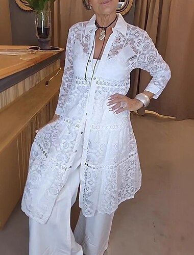  Mujer Camisa Camisa de encaje Blusa Plano Moderno Casual Manga Larga Cuello Camisero Tops largos Diario Festivos Noche Encaje Blanco Verano