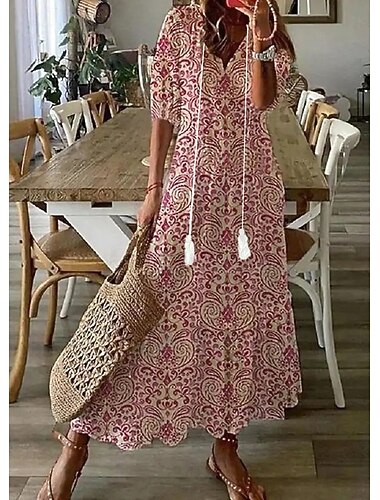  Γυναικεία Μακρύ Φόρεμα Μάξι Φόρεμα Φόρεμα Boho Φόρεμα εκτύπωσης Φορέματα Peplum Ρομαντικό Κλασσικό Κομψό Φόρεμα Φουσκωτό Μανίκι Διακοπές Εξόδου Ανοιξιάτικο φόρεμα Χαλαρή Εφαρμογή Γραφική Λουλούδι