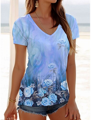  Per donna Maglietta Floreale Grafico Casual Manica Corta Scollo a V Top Regolari Quotidiano Stampato Rosa Blu Arancione Estate Primavera