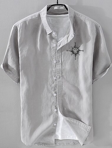  Herren Leinenhemd Freizeithemd Baumwoll-Leinen-Hemd Knopfhemd Muster Urlaub Straße Weiß Dunkelmarine Himmelblau Grau Kurzarm Revers Sommer Bekleidung Button-Down