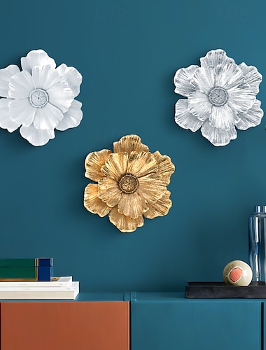  Décoration murale vintage à grandes fleurs, tenture murale en résine blanche argentée et dorée, art mural floral 3D pour la maison, le salon, la décoration de la chambre