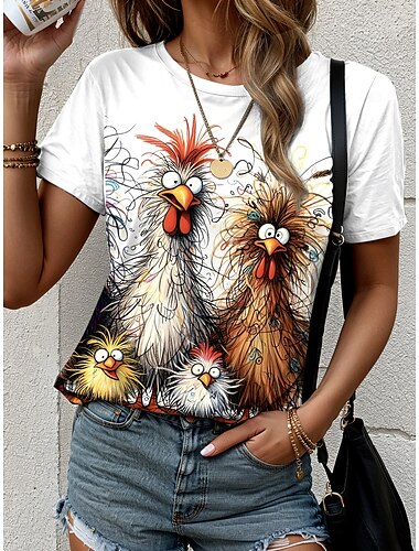  女性用 Tシャツ グラフィック 動物 おんどり カジュアル トレンディー 半袖 ラウンドネック レギュラートップス 日常 プリント ホワイト 夏