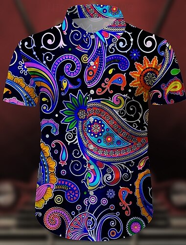  Retro Vintage 1970er Hemd Aloha-Hemd Hippie Disco Paisley-Muster Ethnisch Herren Maskerade Urlaub Party Pride Parade Erwachsene Hemd