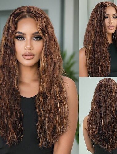  Syntetiska peruker Lös lock Stora vågor Frisyr i lager Djup avsked Maskingjord Peruk 28 tum A1 Syntetiskt hår Dam Elastisk Klassisk Hår med highlights / balayage Mörkbrun