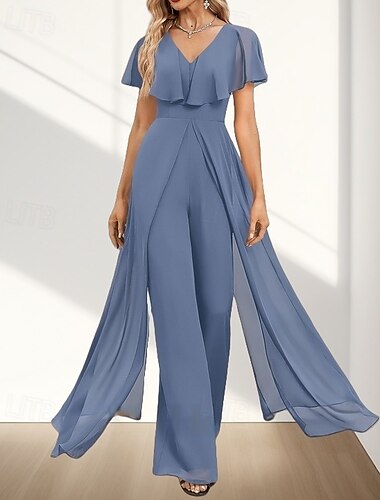  Overall  Hosenanzug Brautmutter Kleid Hochzeitsgast Elegant V-Ausschnitt Bodenlänge Chiffon Kurzarm mit Rüschen Seitliche Drapierung