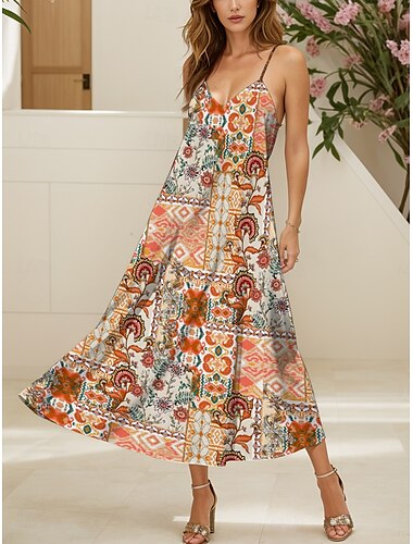  Dames Halflange jurk Zonnejurk A lijn jurk Slipdress Vakantie Casual Vakantie Dagelijks Strand Normale pasvorm Grafisch Wijnoogst Bohémien Mouwloos V-hals Oranje Zomer Lente